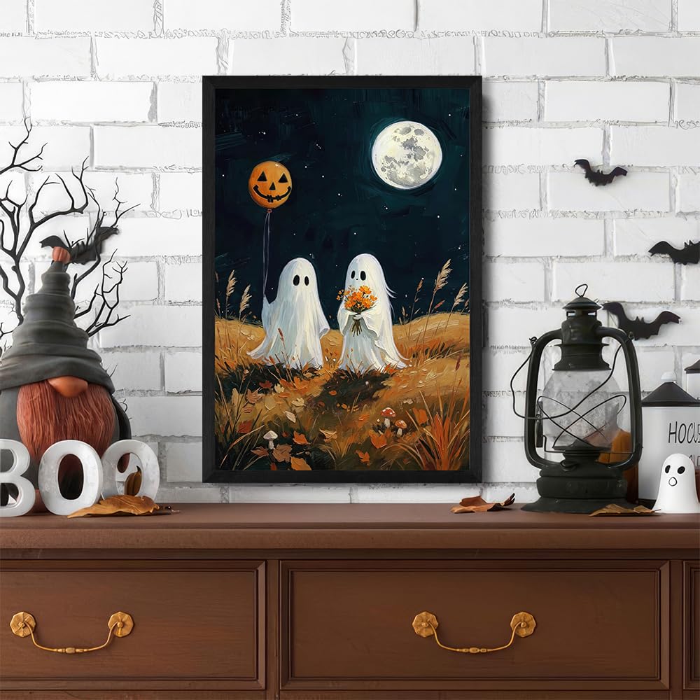 Halloween Ghost Canvas Wall Art Cute Ghost Pumpkin Moon Landscape Vintage Farmhouse Framed Wall Decor Hallway Autumn