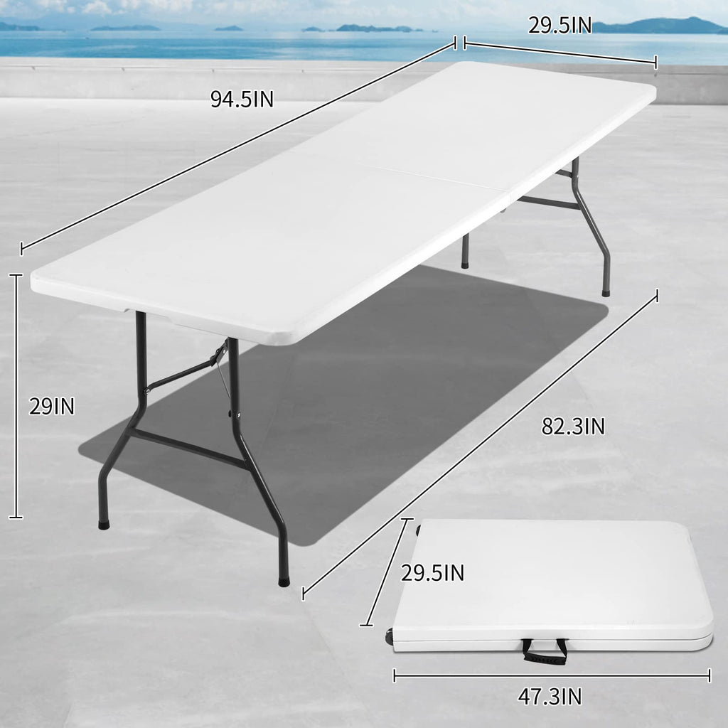 8FT Folding Table, Heavy Duty Foldable Table with Handle, Portable Fold-in-Half Utility Tables for Indoor & Outdoor