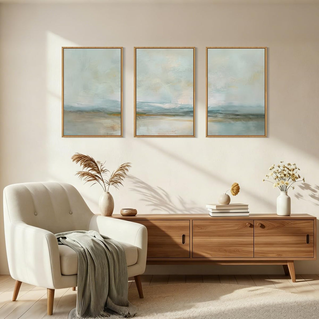 Sage Green Abstract Framed Canvas Wall Art, Large Watercolor Landscape Wall Decor, Neutral Minimalist Lake Artwork