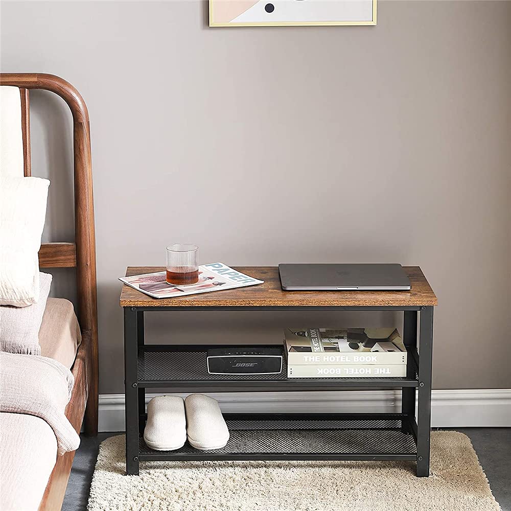 Shoe Bench, 3-Tier Industrial Shoe Rack Bench, Entryway Bench Shoe Organizer with 2 Mesh Shoe Storage Shelves, Wood