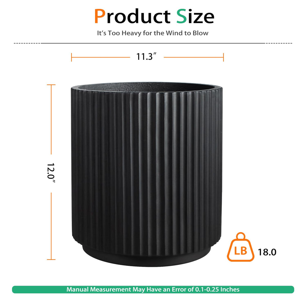 Round Concrete Planter Outdoor Indoor, Large Cement Plant Pots for Flowers (Vertical Black, 12 inch)
