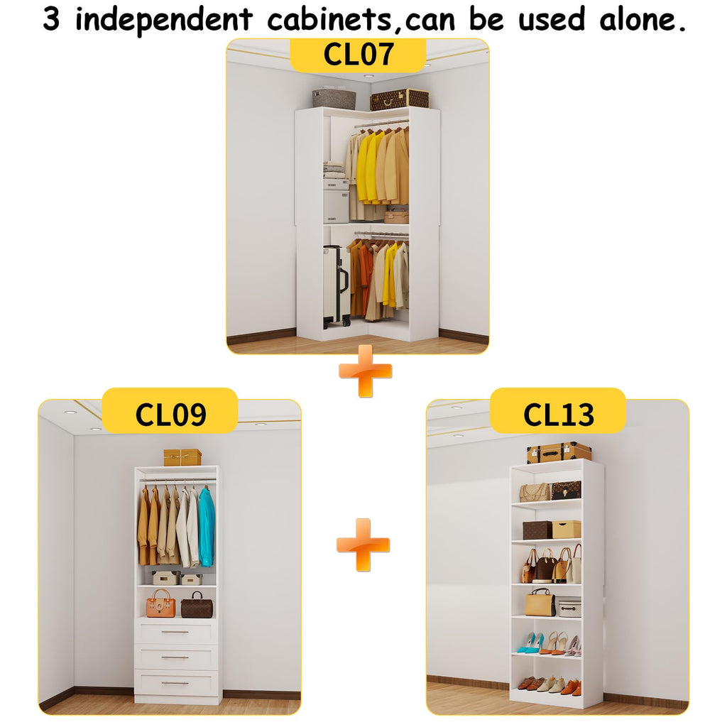 Corner Closet System with 3 Drawers, Closet Organizer System with 6 Hanging Rods 7 Shelves Walk in Wooden Modular
