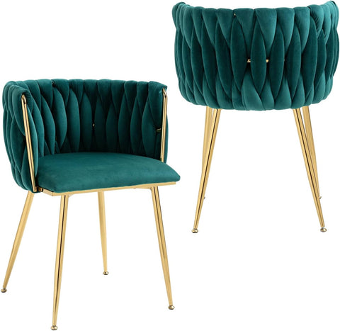 Woven Velvet Dining Chairs Set of 2, Upholstered Velvet Dining Chairs with Gold Metal Legs, Modern Style, Green