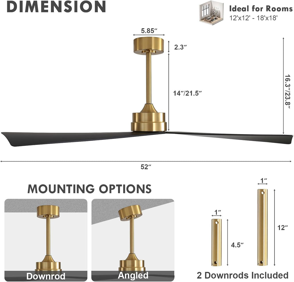 Inspired Adler Style 52" DC Ceiling Fan Without Light, 3 Sculpted ABS Blades, 6-Speed Remote - Brass and Black