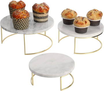 Modern White Marble Cake Stands, Brass Metal Cupcake Stand Dessert Pedestal Risers - Set of 3