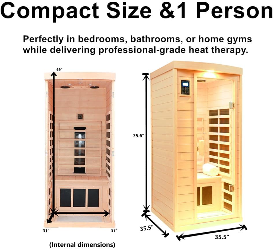 1 Person Infrared Sauna, Ceramic Low EMF FAR Infrared Indoor Sauna for Home, 1300w Canadian Hemlock Wood Saunas with Bluetooth Control, LCD Display, LED Reading Light A129-B0FJFTRGCS