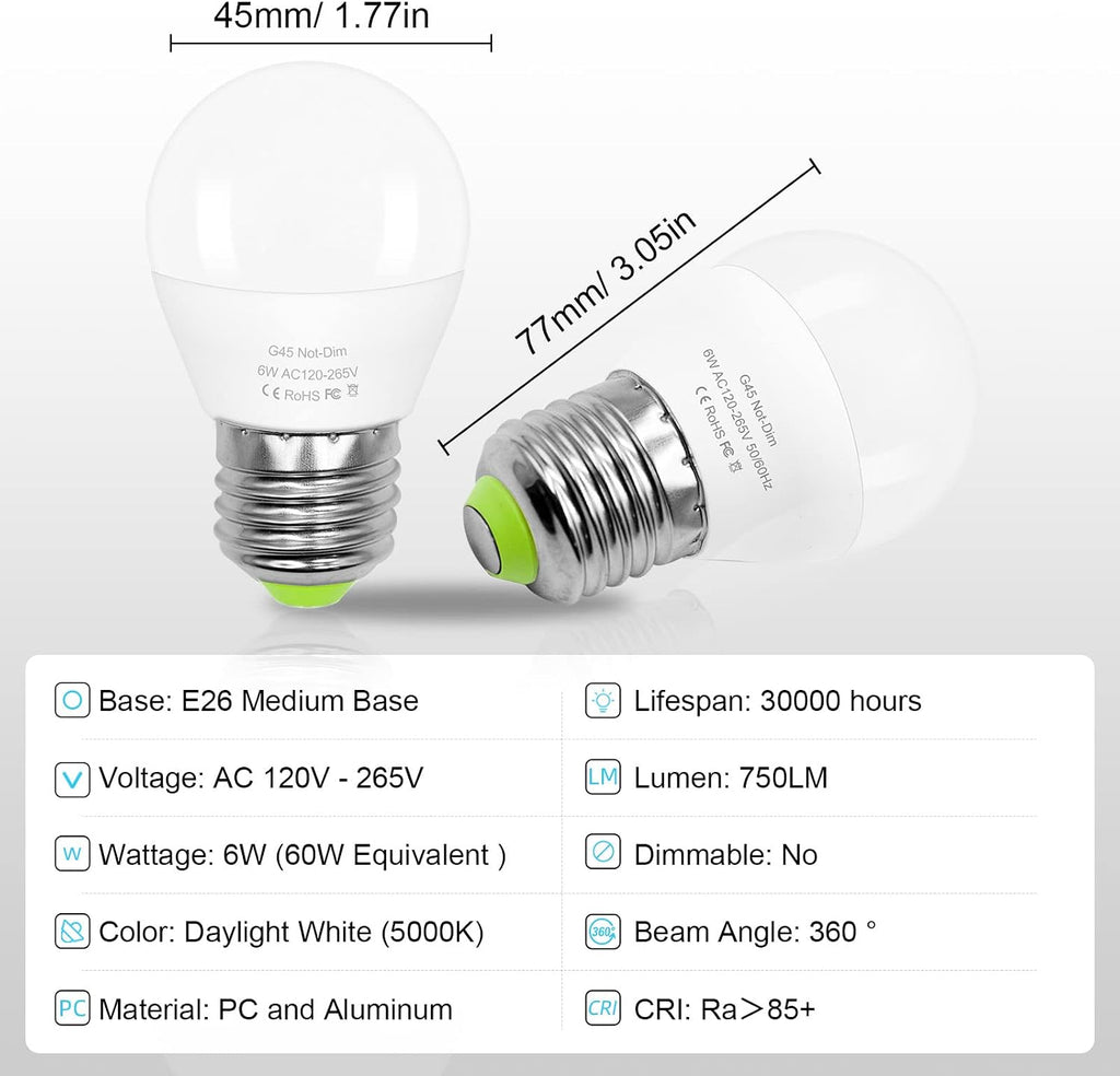 6W E26 Small Globe LED Bulb 60W Equivalent G45/A15 E26 Standard Screw Base
