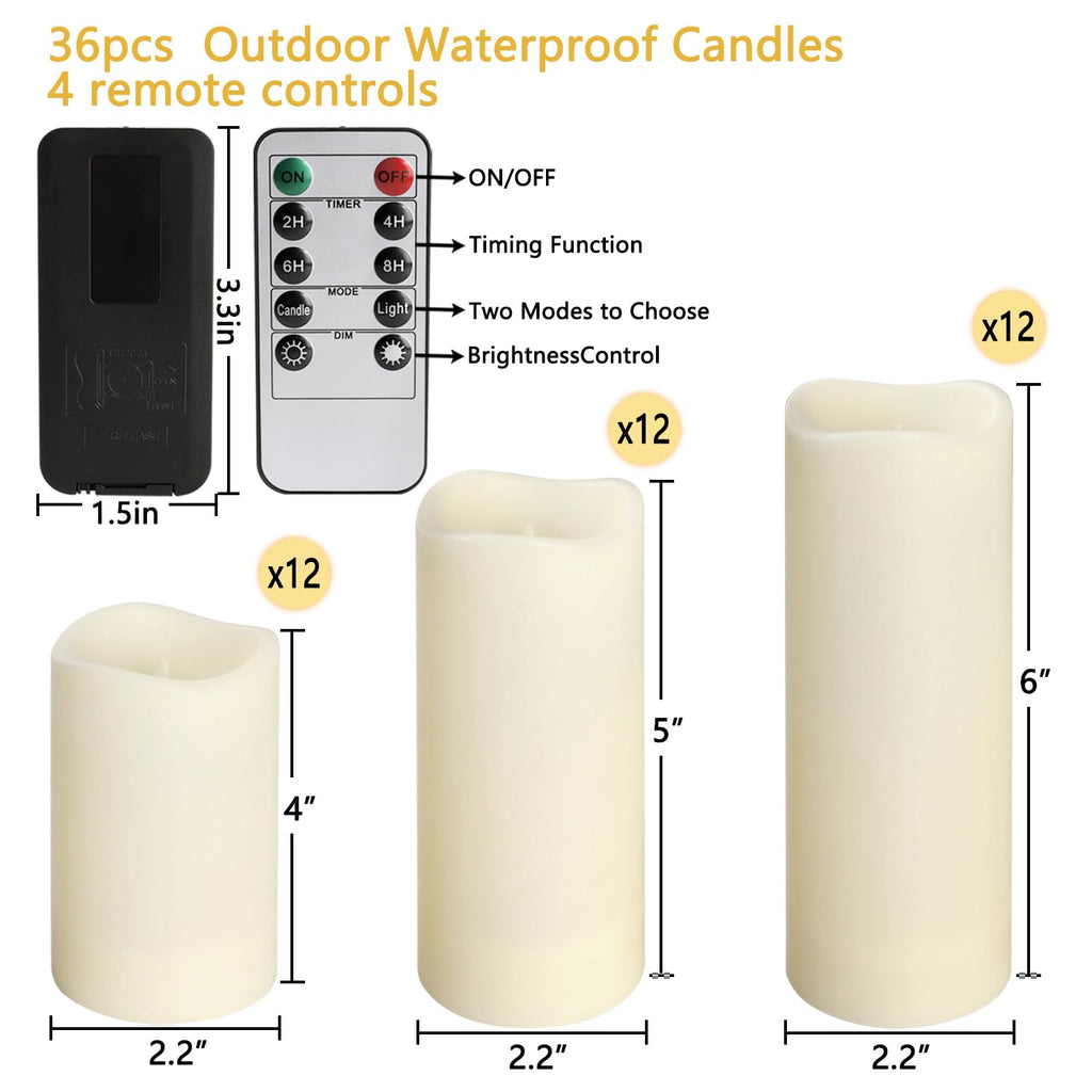 36 Pack Waterproof Flameless LED Candles - Outdoor Battery Operated Candles with Remote & Timer, Realistic Flickering