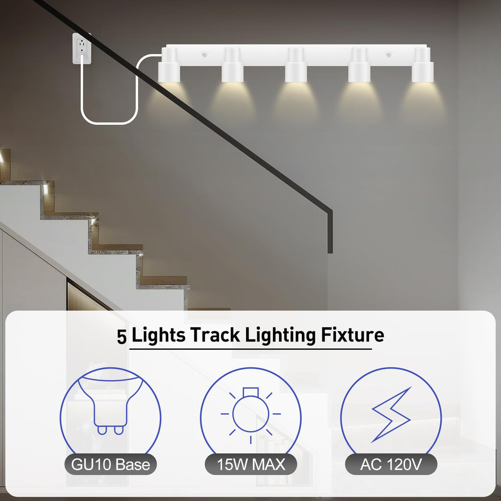 Track Lighting Plug in, 30" LED Track Light Fixtures Ceiling, White 5 Way Spotlight, Rotatable Head, Plug Wall Lights