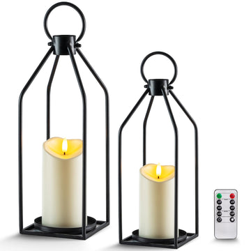 Modern Farmhouse Black Metal Lanterns 2PCS with Flameless Candle