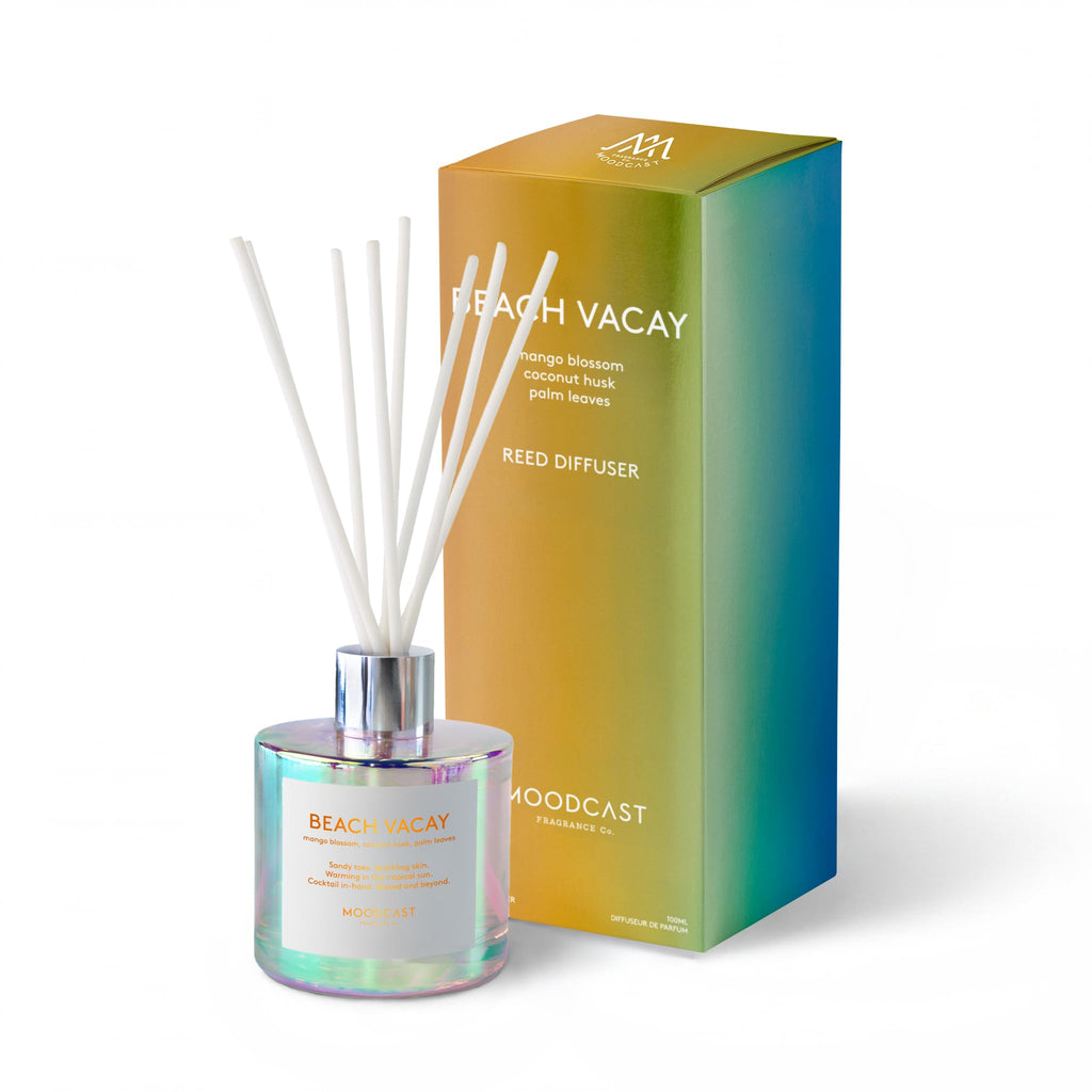Beach Vacay Reed Diffuser - Luxury Scent Diffuser, Fragrance - Mango Blossom, Coconut & Palm Leaf, 8 Reeds, Clean