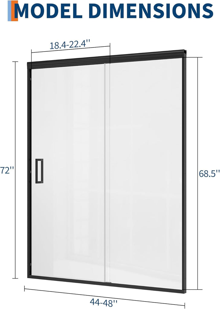 Sliding Shower Door, 44"-48" w x 72" h Semi-Frameless Bypass Bathroom Door with 1/4" Tempered Glass