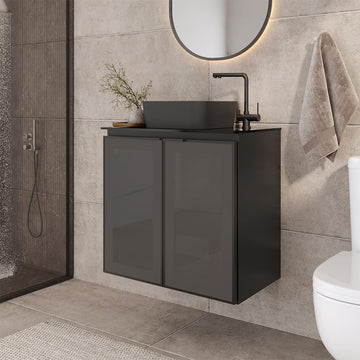 24" Black Steel Bathroom Vanity Set with Tempered Glass Countertop - Industrial Vanity Cabinet