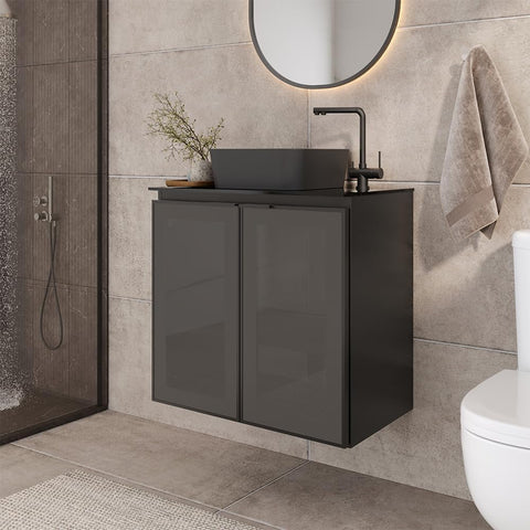 24" Black Steel Bathroom Vanity Set with Tempered Glass Countertop - Industrial Vanity Cabinet