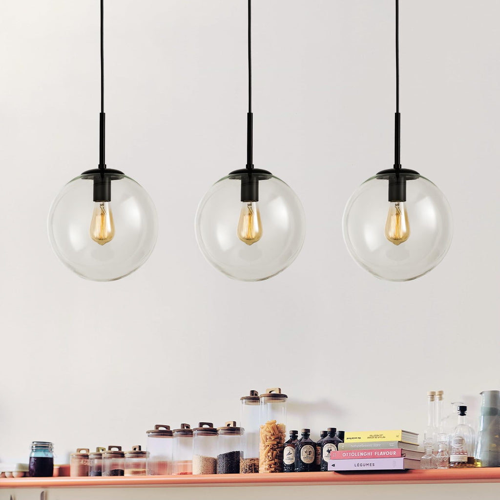 H-Type Black Track Lighting Pendant with Clear Glass Globe Shade, Adjustable Hanging Light, E26 Socket, Pack of 3