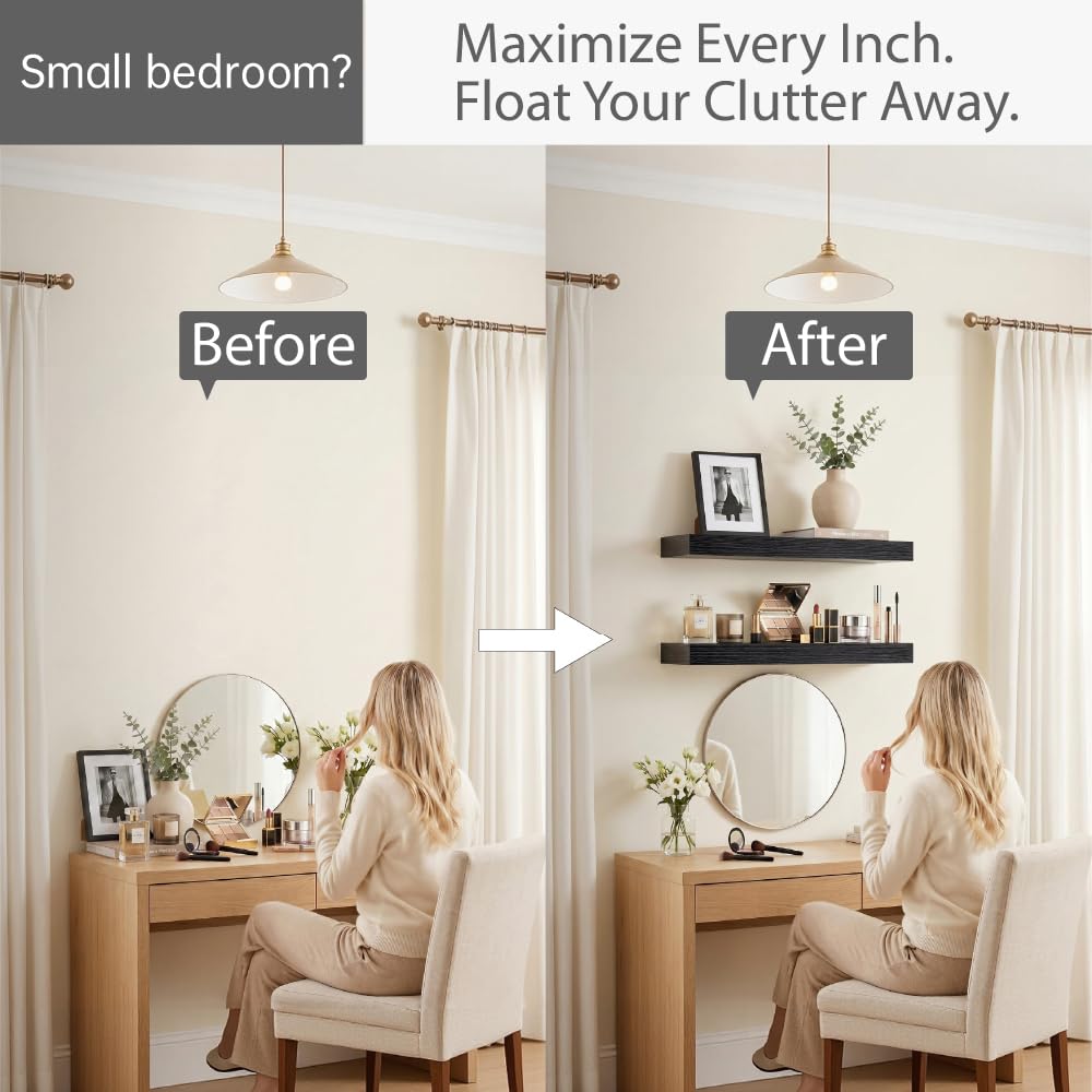 Black Modern Floating Shelves for Wall, 24 Inch Long Shelf Set of 2