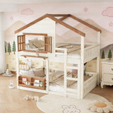 Bunk Bed Full Over Full with Ladder, House Bunk Beds with Bookshelf and Window for Kids, Teens, Beige & Natural