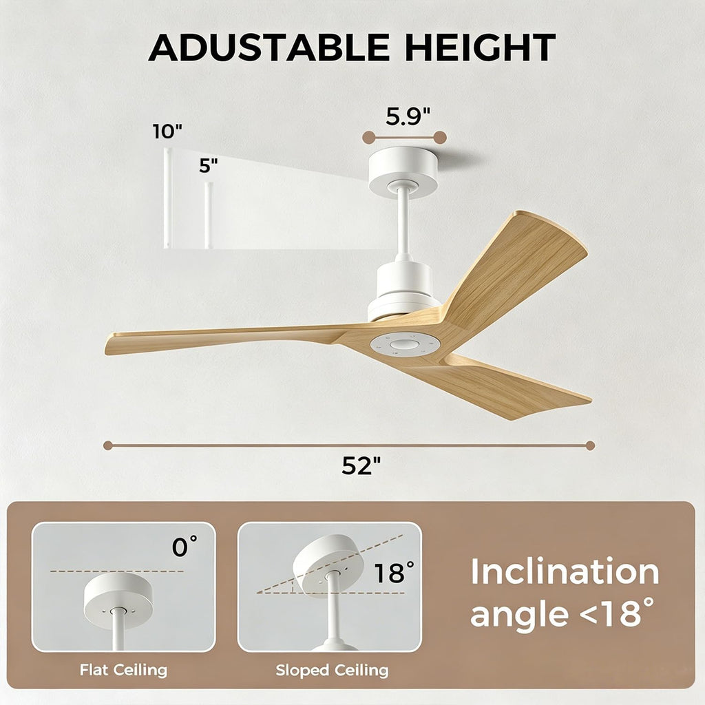 Inspired Adler Style 52" Solid Wood Ceiling Fan Without Light, 3 Sculpted Blades, Quiet DC Motor, 6-Speed Remote - White and Natural Wood