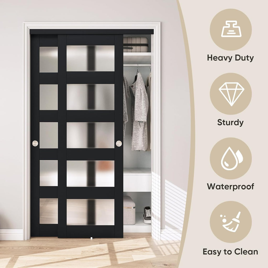48" x 80" Sliding Closet Door, 5-Lite Frosted Glass Bypass Door with Hardware Kit & Matching Fascia,