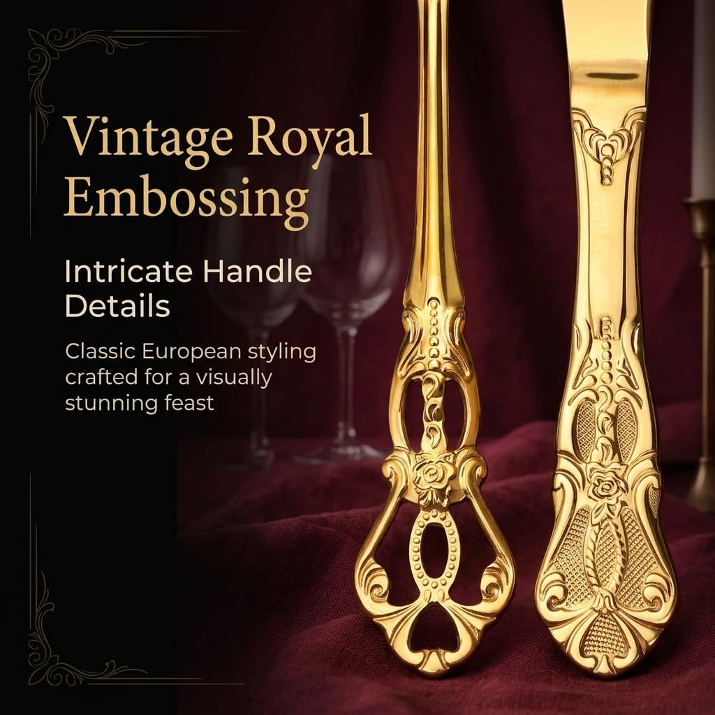 Gold Silverware Set For 8, 48-Piece Retro Royal Flatware Set for 8 with Anti-rust Silverware Steel Black Steak Knives