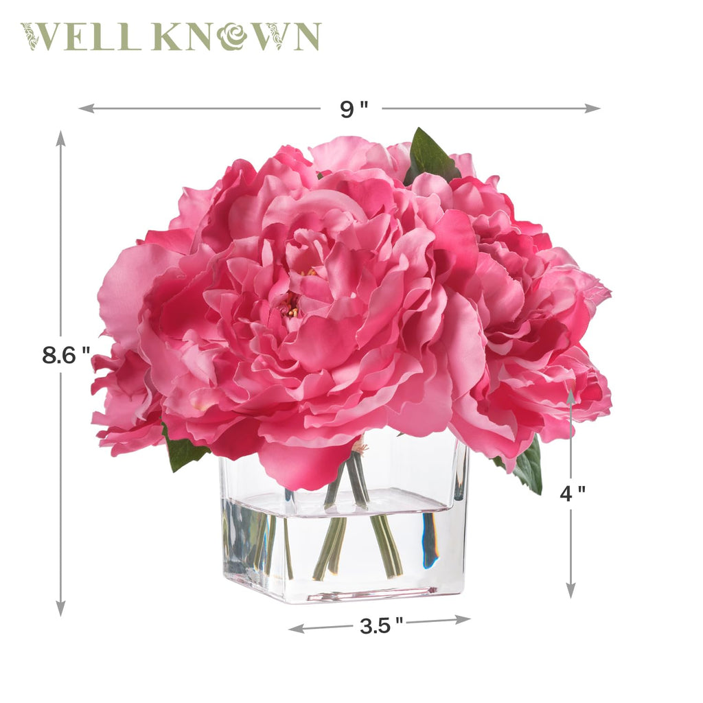 Artificial Peonies Flowers Arrangements in Cube Glass Vase, Silk Flower Centerpieces Table, Coffee Table Decor, Faux
