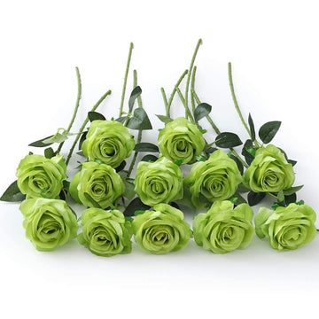 12 PCS Artificial Flowers Roses Silk Flowers Fake Long Stem Artificial Roses Wendding Kitchen Decorations(Green)