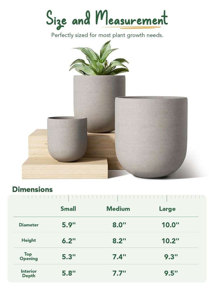 6, 8 & 10 Inch Ceramic Planter Set for Indoor Plants, Neutral Gray