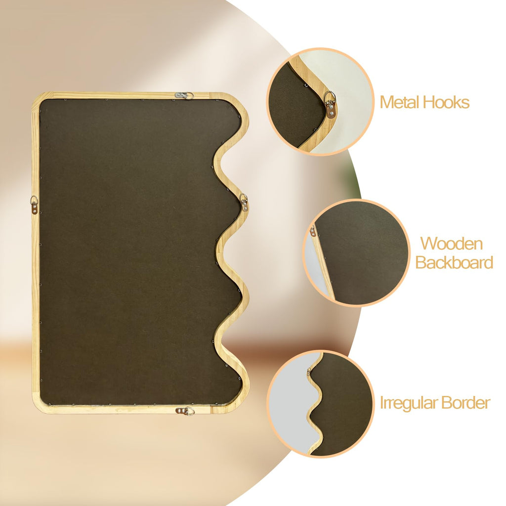 Wavy Mirror for Wall, 24x36 Inch Wood Frame, Natural