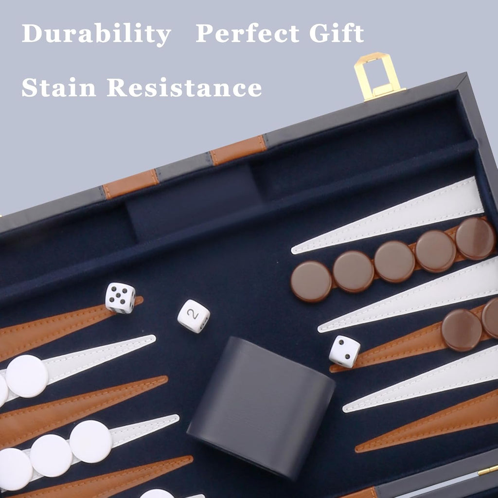 Backgammon Set - Classic Board Game with Premium PU Leather Case - Portable Travel Strategy Backgammon Game Set