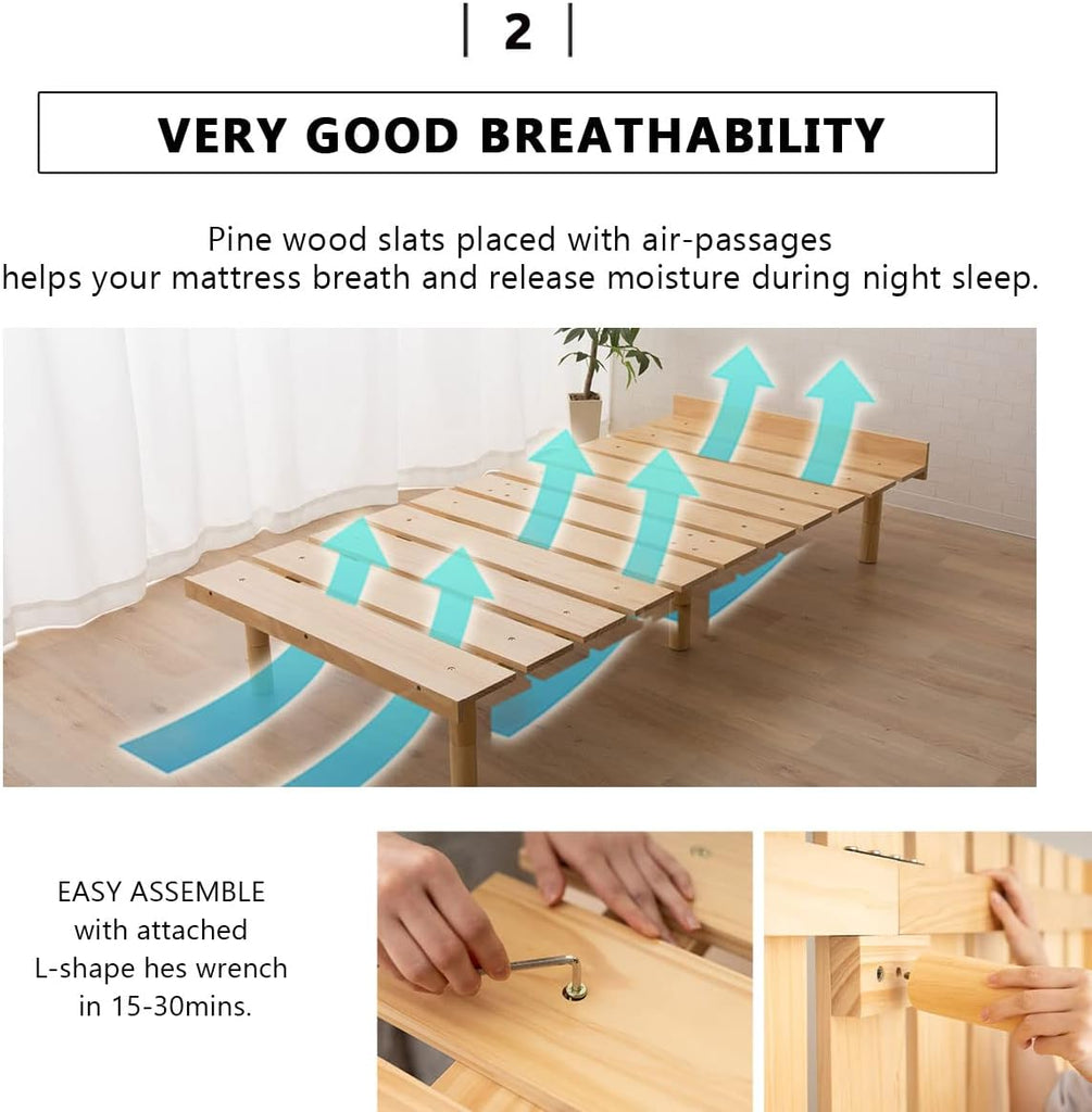 Wood Slatted Floor Bed Frame for Japanese Futon Mattress Solid Pine (Earth-Natural), Height Adjustable