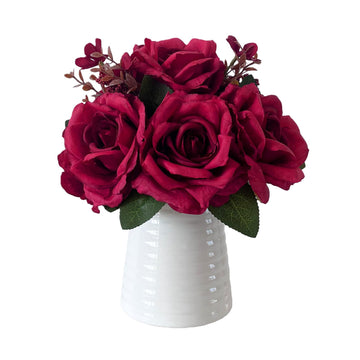 Elegant Artificial Red Rose Bouquet in White Ceramic Ribbed Vase, Silk Floral Arrangement Decor, Wedding Centerpiece