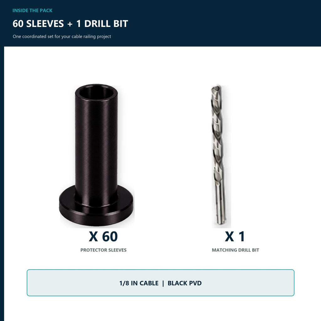 60 Pack Black PVD Cable Rail Sleeves for 1/8 Inch Deck Cable Railing, T316 Stainless Steel Wood/Composite Post Hole