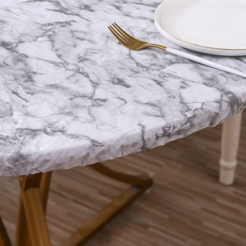 Round Vinyl Fitted Tablecloth with Flannel Backing Elastic Edge Design Table Cover Waterproof Oil-Proof PVC Table