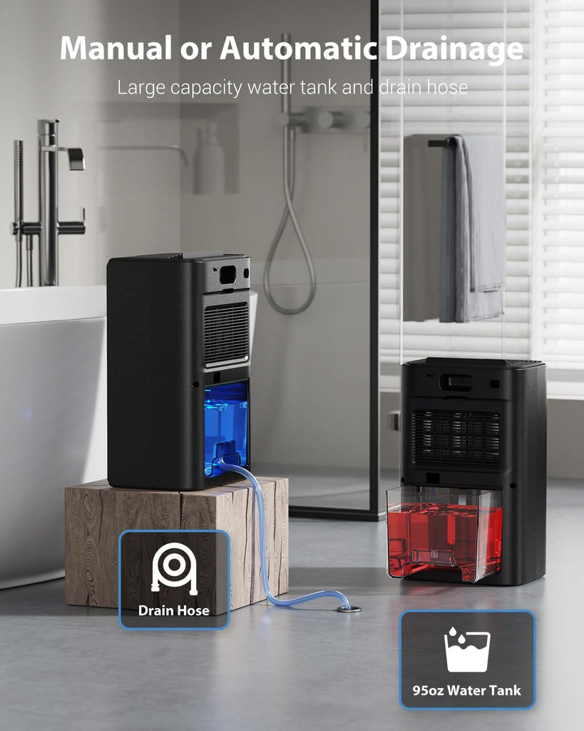 95oz Dehumidifiers for Home, 1000 Sq.Ft Dehumidifier with Drain Hose - Auto Shut Off, Timer, Sleep Mode & Drain Hose