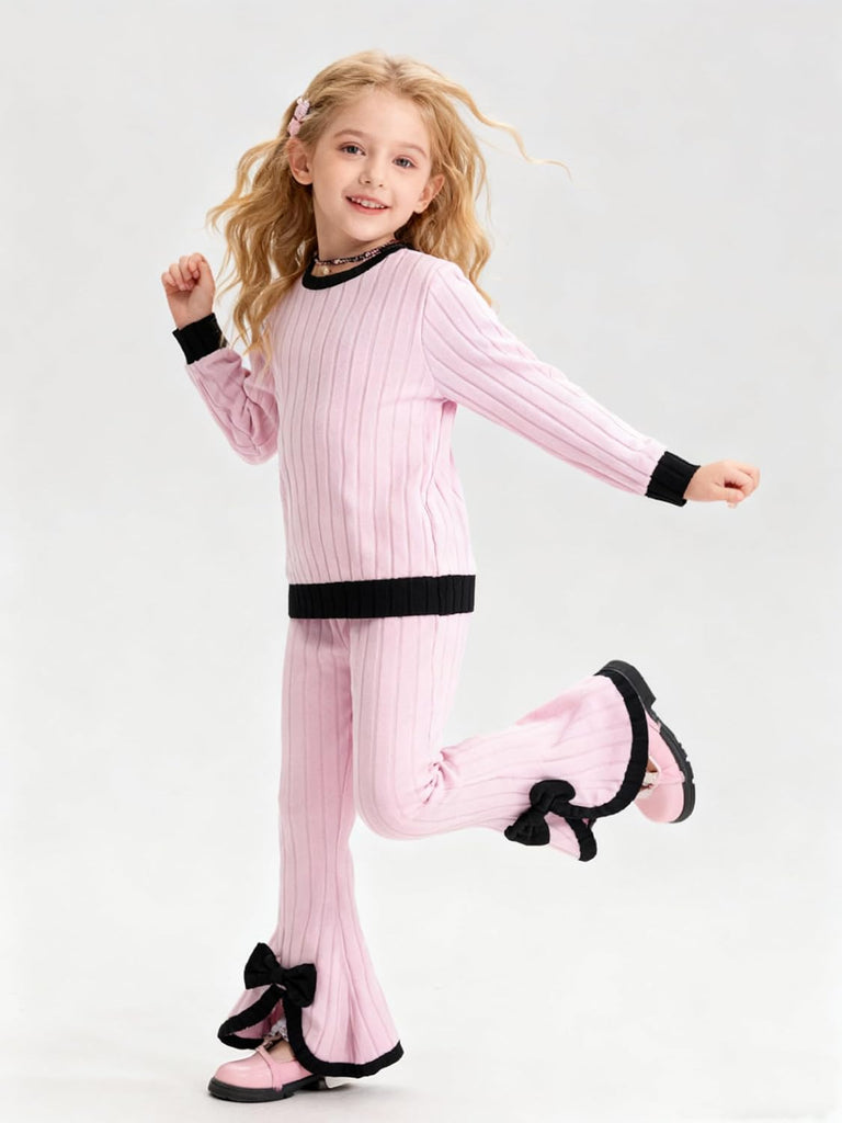 Toddler Girls Clothes Ribbed Color Block Pullover Tops + Flare Pants Set Fall Outfits