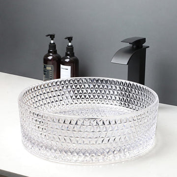 16 Inch Crystal Bathroom Vessel Sink with Faucet and Drain Combo,Diamond Shaped Clear Tempered Glass Vessel Sink Above