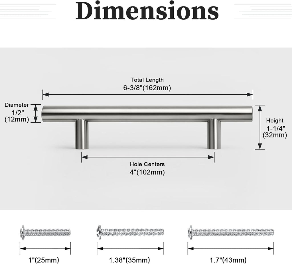 30 Pack 4" (102mm) Hole Center Cabinet Pulls, Satin Nickel Kitchen Cabinet Handles, Stainless Steel Drawer Pulls, Euro