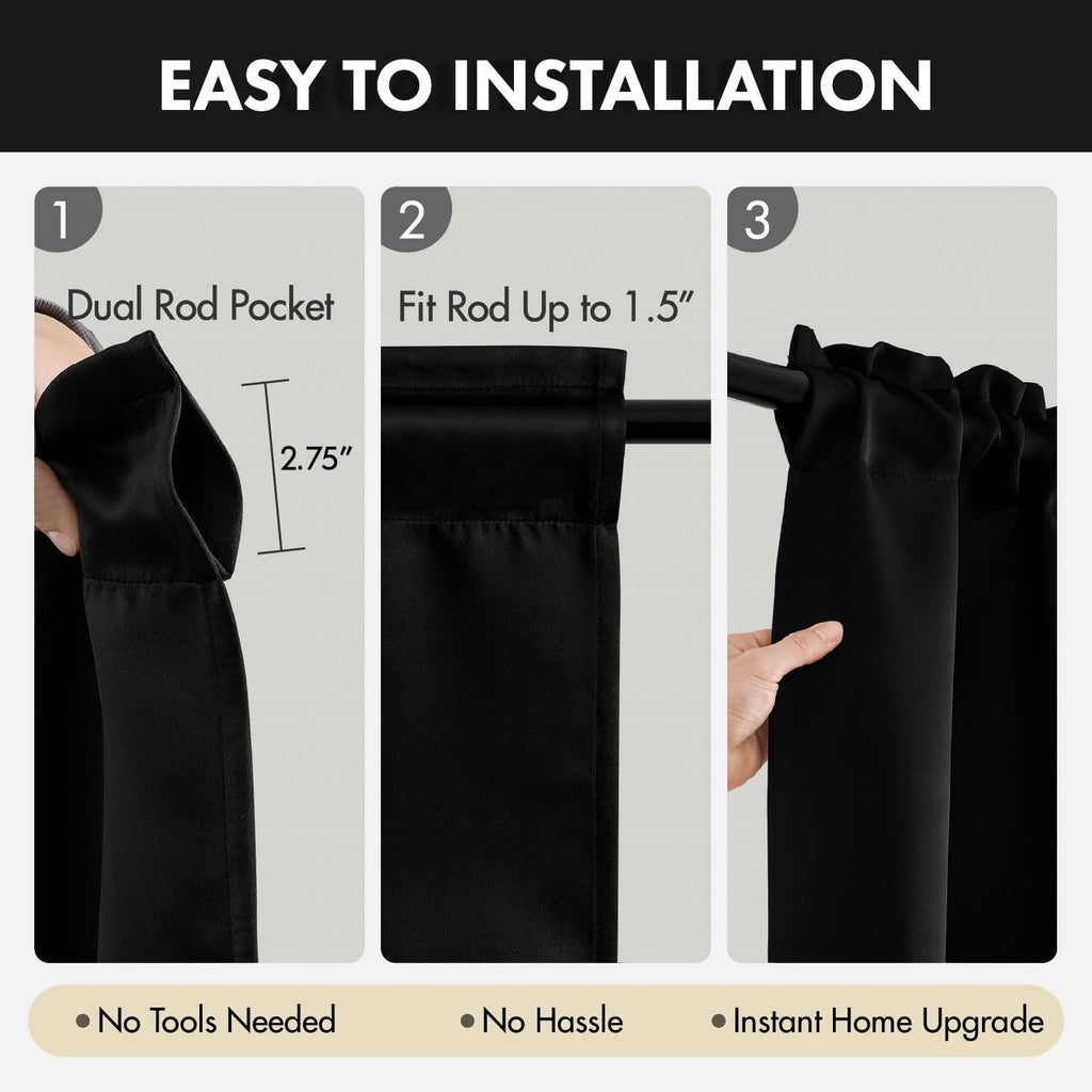 Black Blackout Curtains 63 Inch Length Set of 4 Panels
