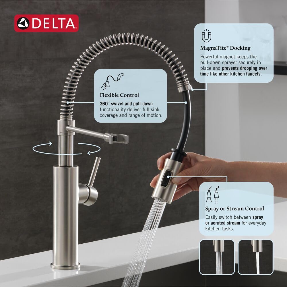 Antoni Pro Style Commercial Kitchen Faucet with Pull Down Sprayer, Brushed Nickel Single Hole Faucet, Single Handle