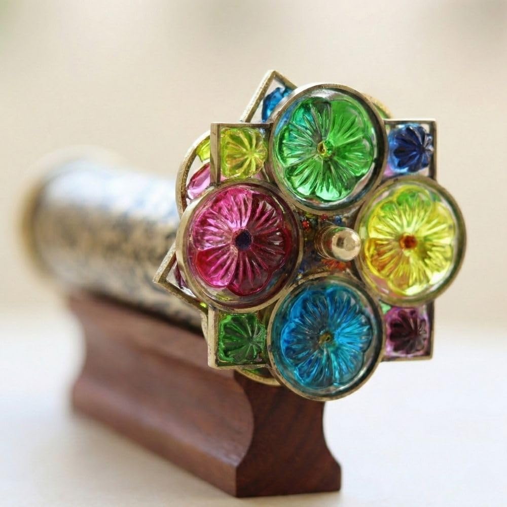 Handmade Giant Trigon Flower Brass Kaleidoscope - Stunning Visual Display with Hardwood Base - Unique Gift