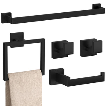 5-Pieces Matte Black Bathroom Accessories Set 23.6 Inch Towel Bar Set.