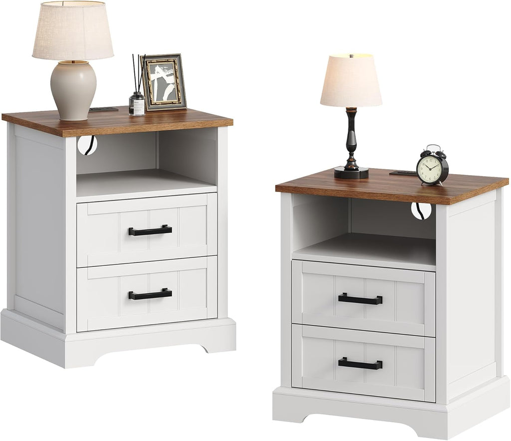 Farmhouse Night Stands with Charging Station, Wood Nightstand Set of 2 with 2 Drawers, Bedside Table with Open