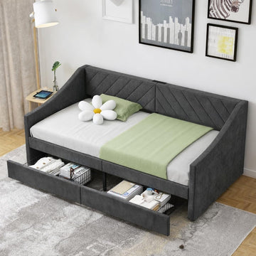 Upholstered Twin Size Daybed with Two Storage Drawers, Twin Leatherair Sofa Bed Daybed with Wood Slat Support,No Box