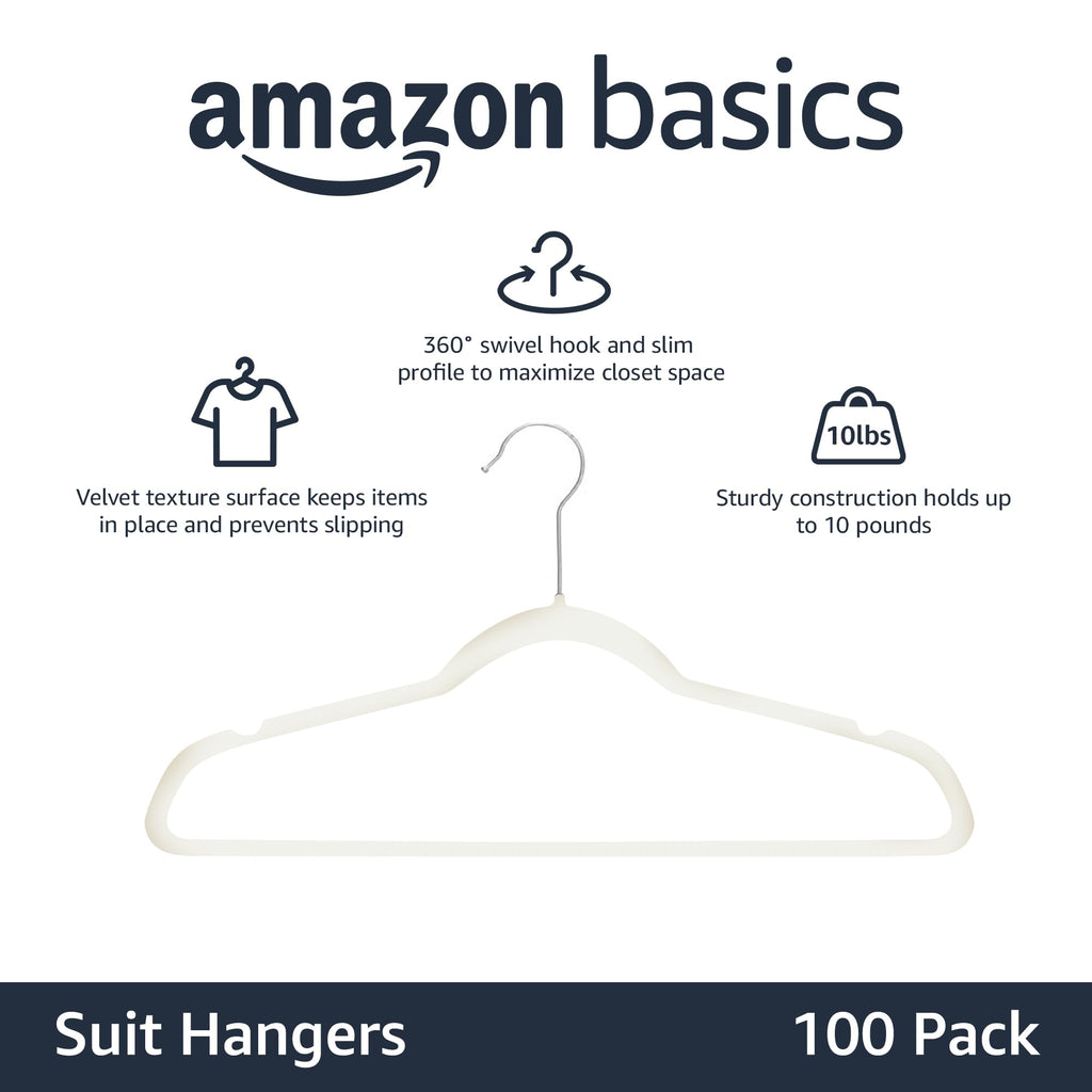 Basics Slim Velvet Non-Slip Space Saving Suit Clothes Hangers for Closet Organization, Ivory/Beige, 100-Pack