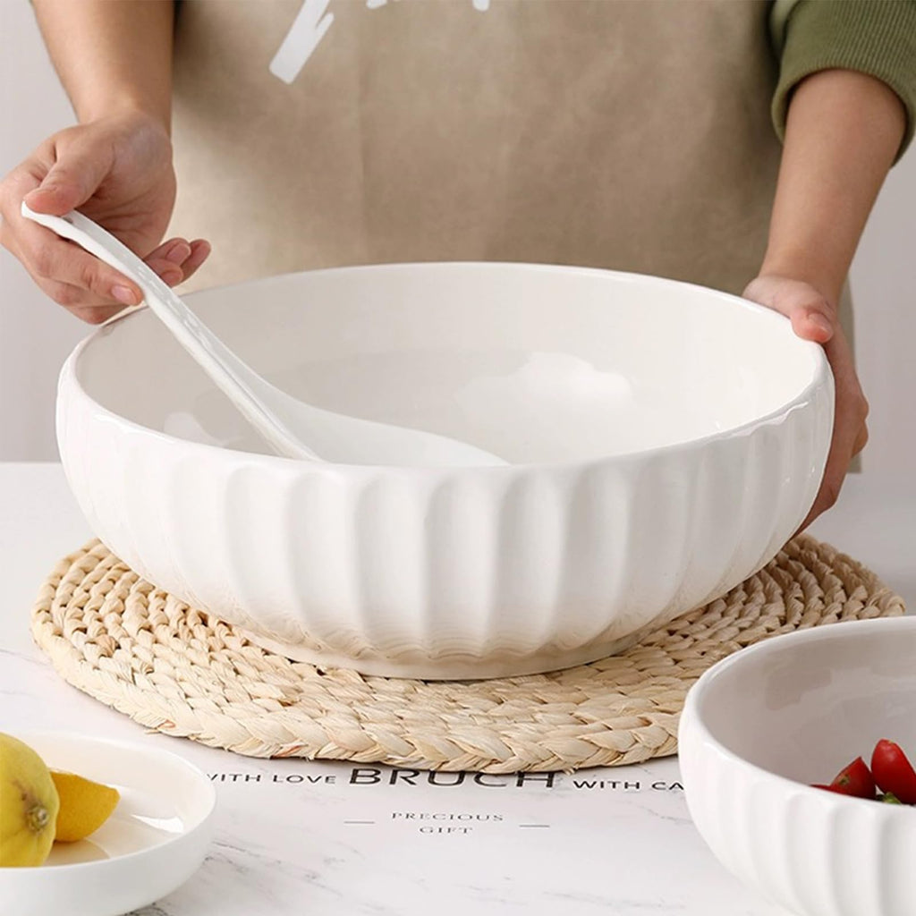 4 Quarts 2 Pcs Extra Large White Serving Bowls with Free Spoons, 12 inch Oversized Big Salad Bowls For Entertaining