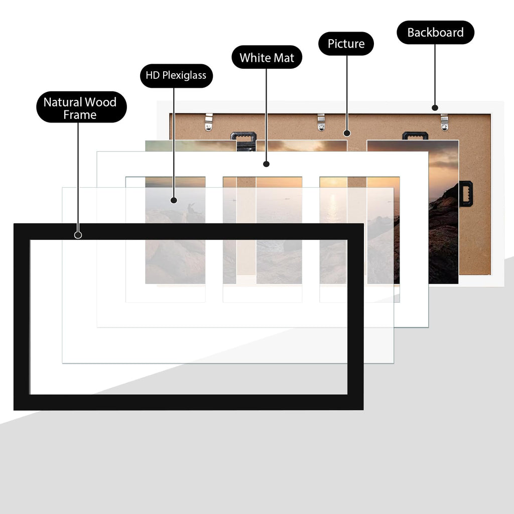 8x16 Panoramic Collage Picture Frame, Black Solid Wood Frame with HD Plexiglass for Multiple Three 4x6 Photos with