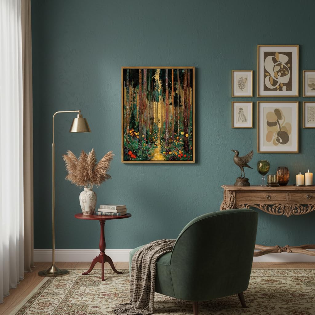 Floating Framed Gustav Klimt Forest Path Canvas Wall Art, 12x16in