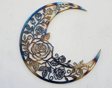 Moon Floral Rose Metal Wall Art, Nature Wall Decor | moon floral rose decor, nature lover gift, garden statement