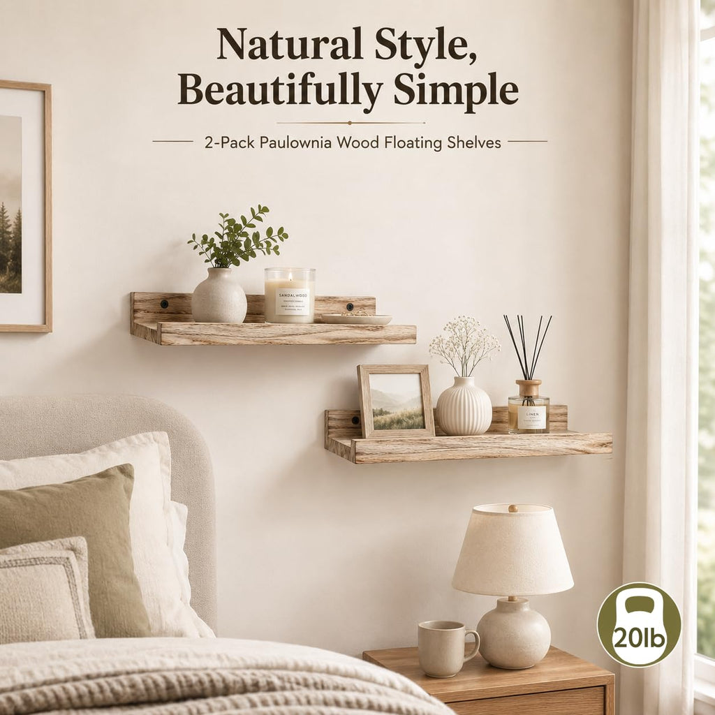Mini Floating Shelves, Small Natural Wooden Display Wall Shelf for Picture Ledge, Natural Color, Wall Mounted, 12 x