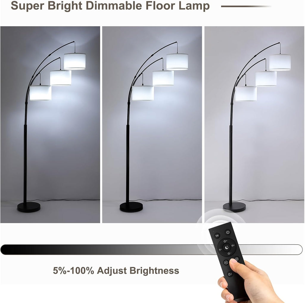 Floor lamp with Remote, 3 Light Arc Floor Lamps, 2400LM Tall Standing Floor Lamps with White Shades